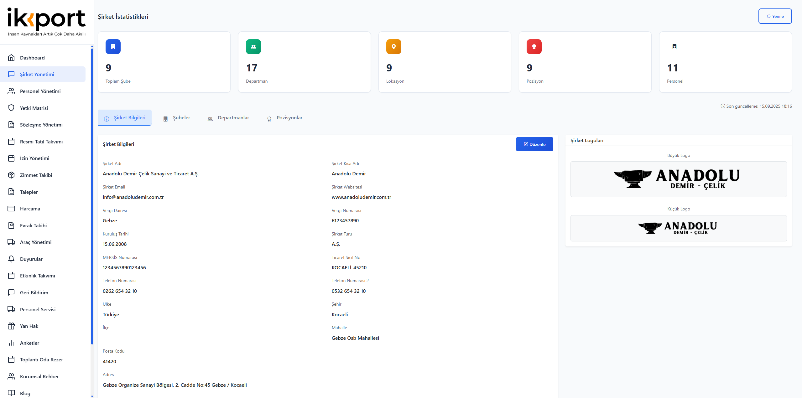 Şirket Yönetimi Dashboard